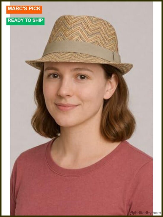 Straw Fedora Hat with Zigzag Wave Pattern - One Size